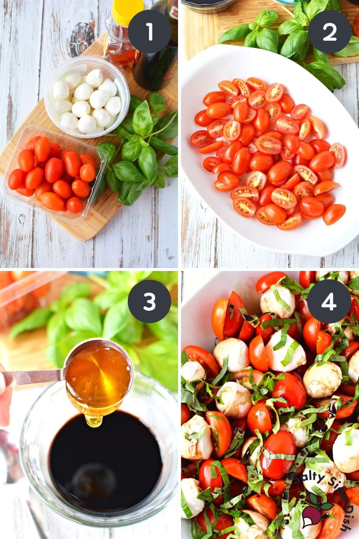 collage on how to make caprese salad. 