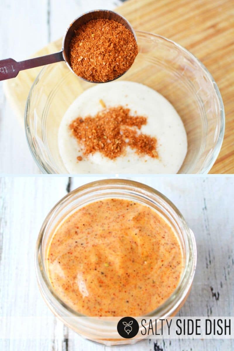 mixing ranch dressing and taco seasoning.
