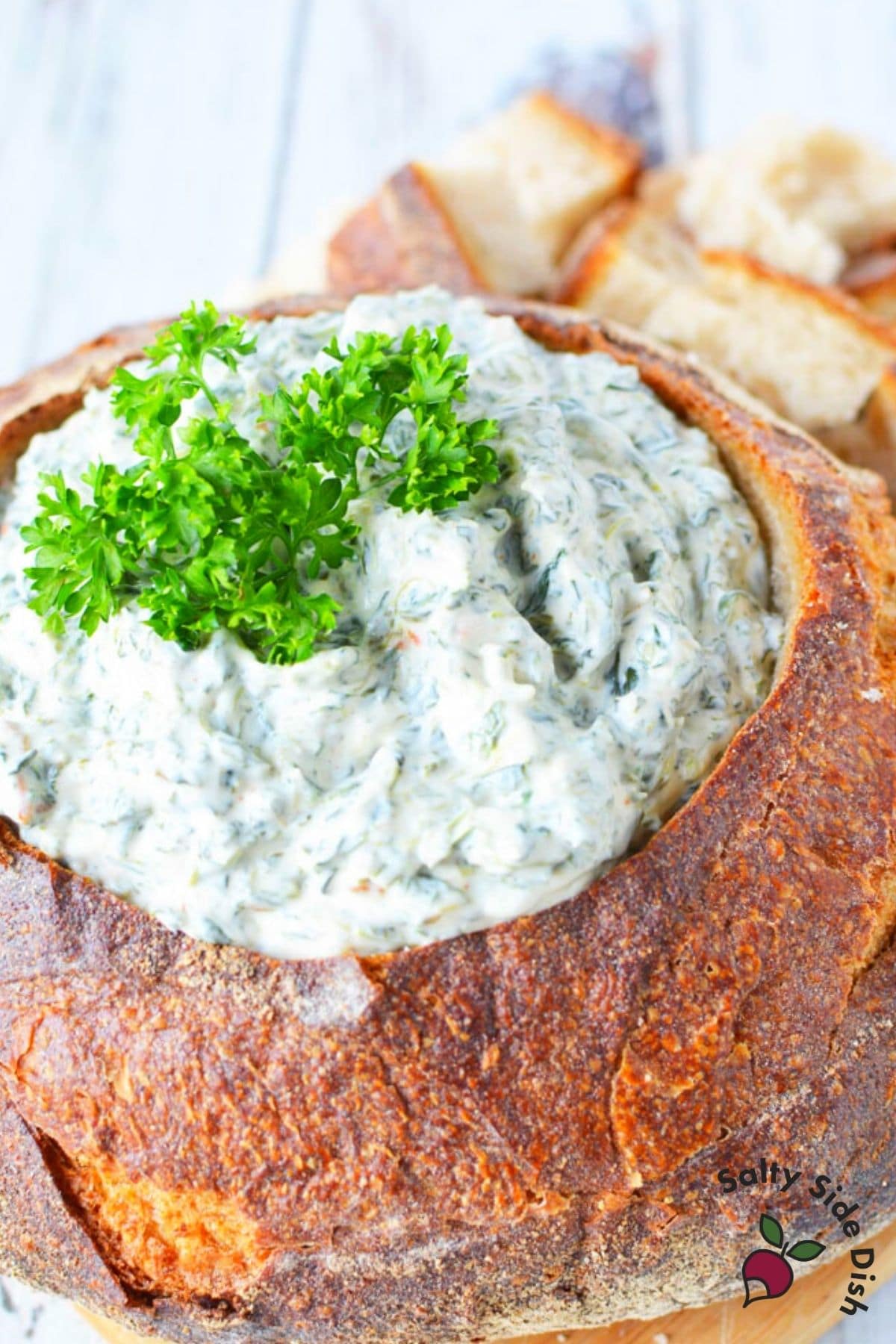 spinach dip without artichokes in a bread bowl