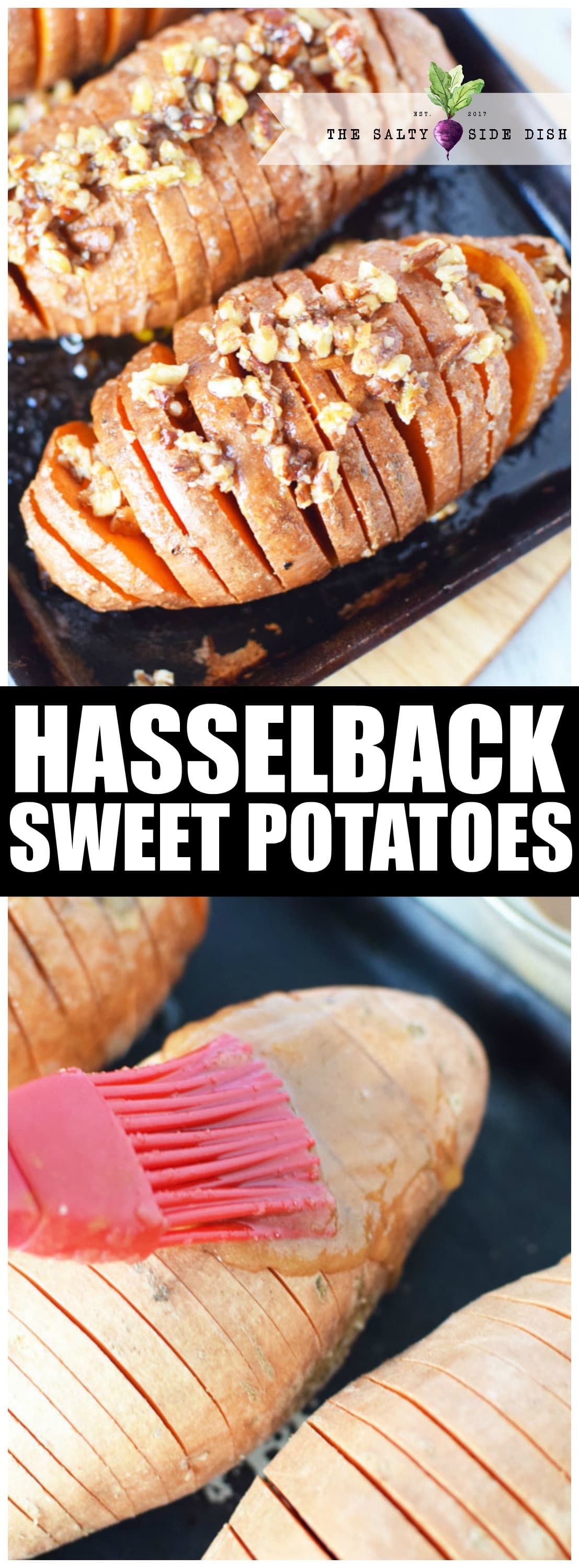 Hasselback Sweet Potatoes are an incredible side dish option perfect for fall. With brown sugar and marshmallows (optional), you don't just have to serve sweet potato casserole to make a splash. Hasselback potatoes, cut in beautiful slices, fabulous side dish that is not only impressionable, but amazingly tasty. #sweetpotatoes #hasselback #sidedish #fall #fallfood #holidays #holidayfood #holidaysidedish hasselback sweet potato recipe