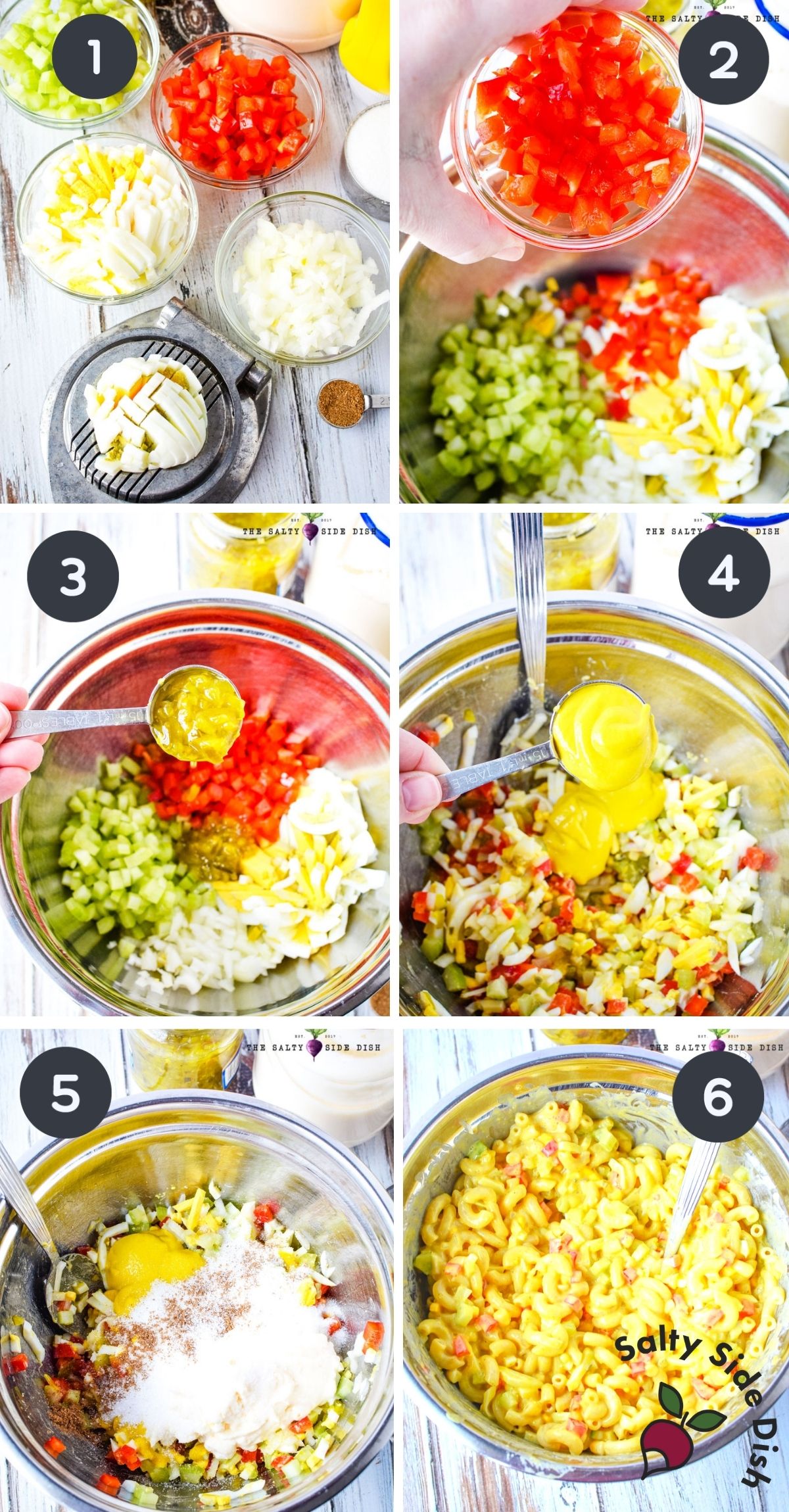 6 image collage of Amish macaroni salad labeled step by step.
