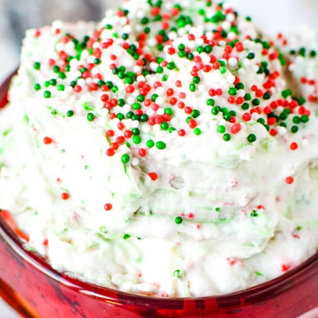 cookie dough dip in a red bowl