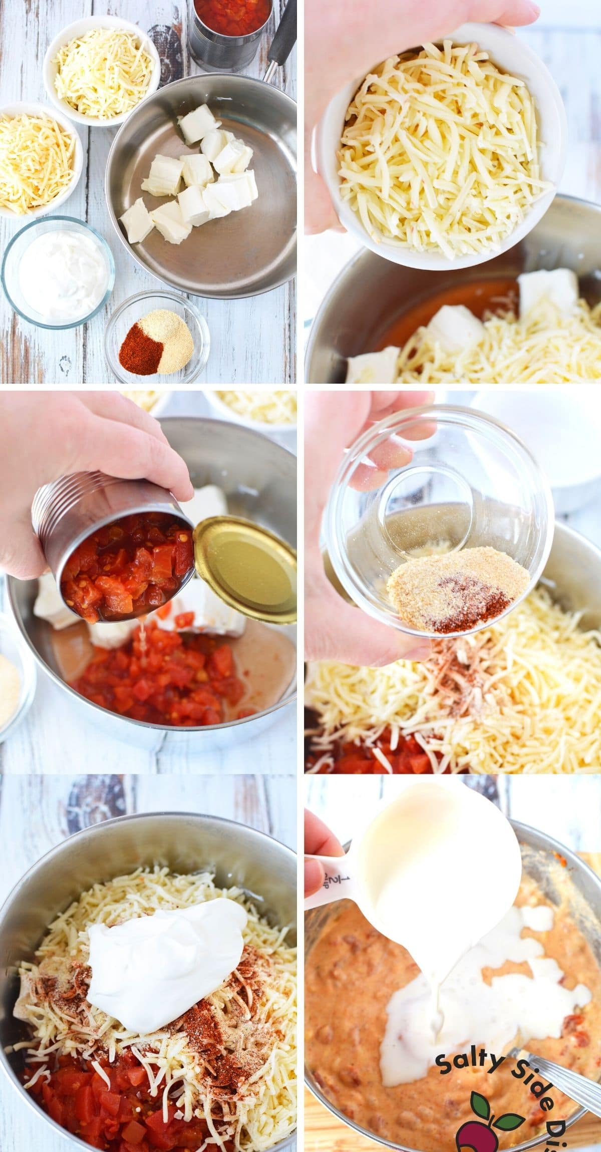 ingredients being poured into a sauce pan