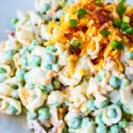 best pea pasta salad recipe piled on a plate