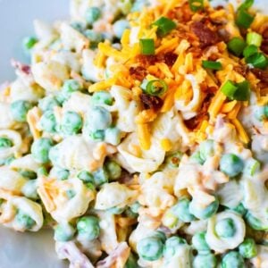 best pea pasta salad recipe piled on a plate