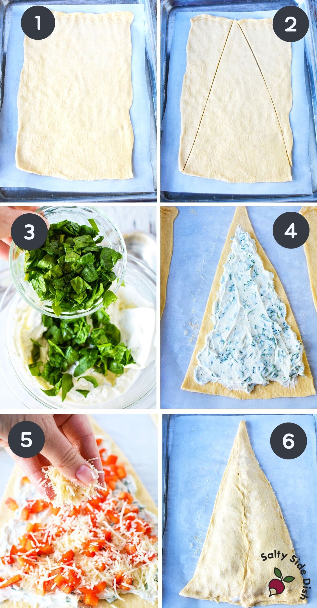 6 image collage on how to lay out bread dough and cut into a tree