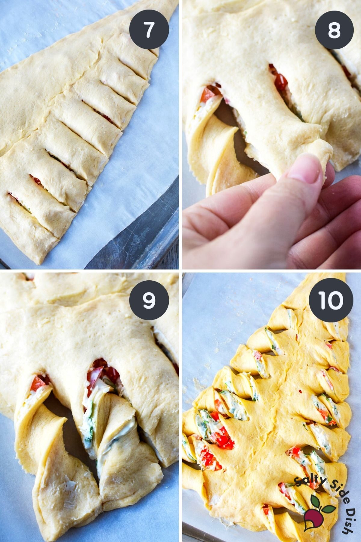 4 collage images showing how to twist bread dough