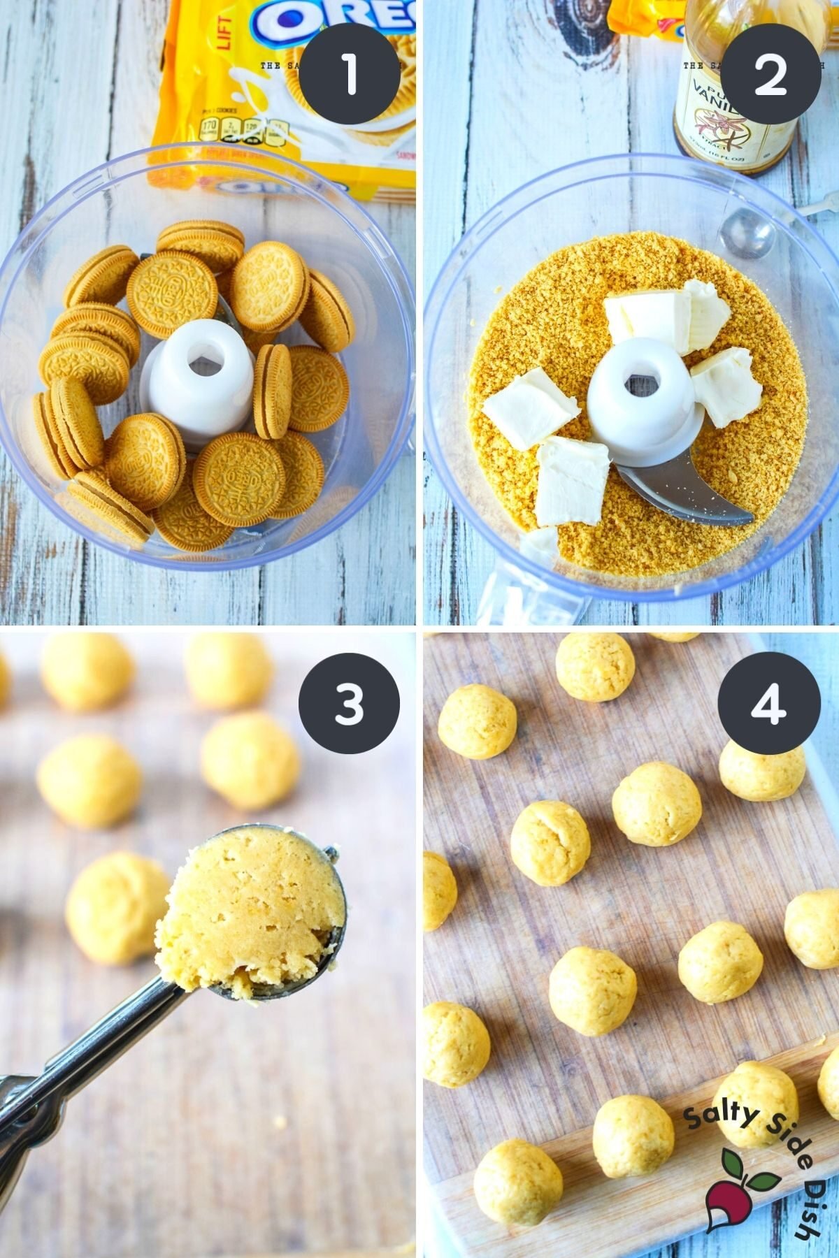 golden Oreo cookies being made into crumbs and turned into Oreo balls.