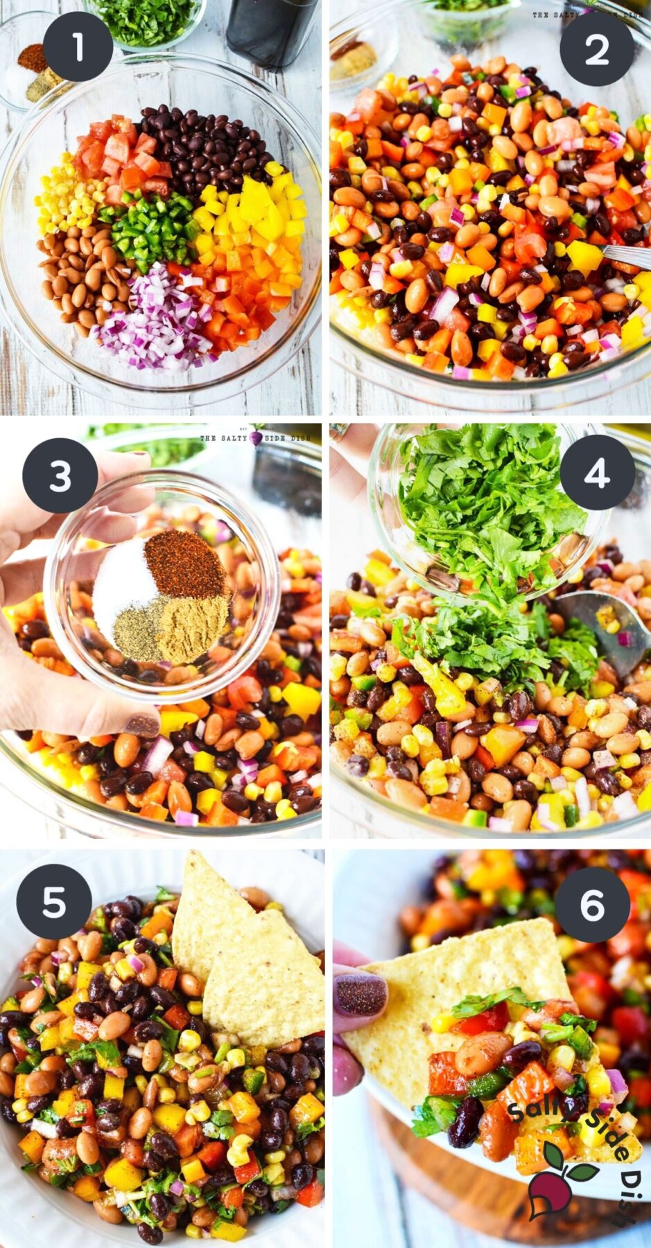 Texas caviar in a bowl and being prepped with fresh vegetables, beans, onions and herbs.