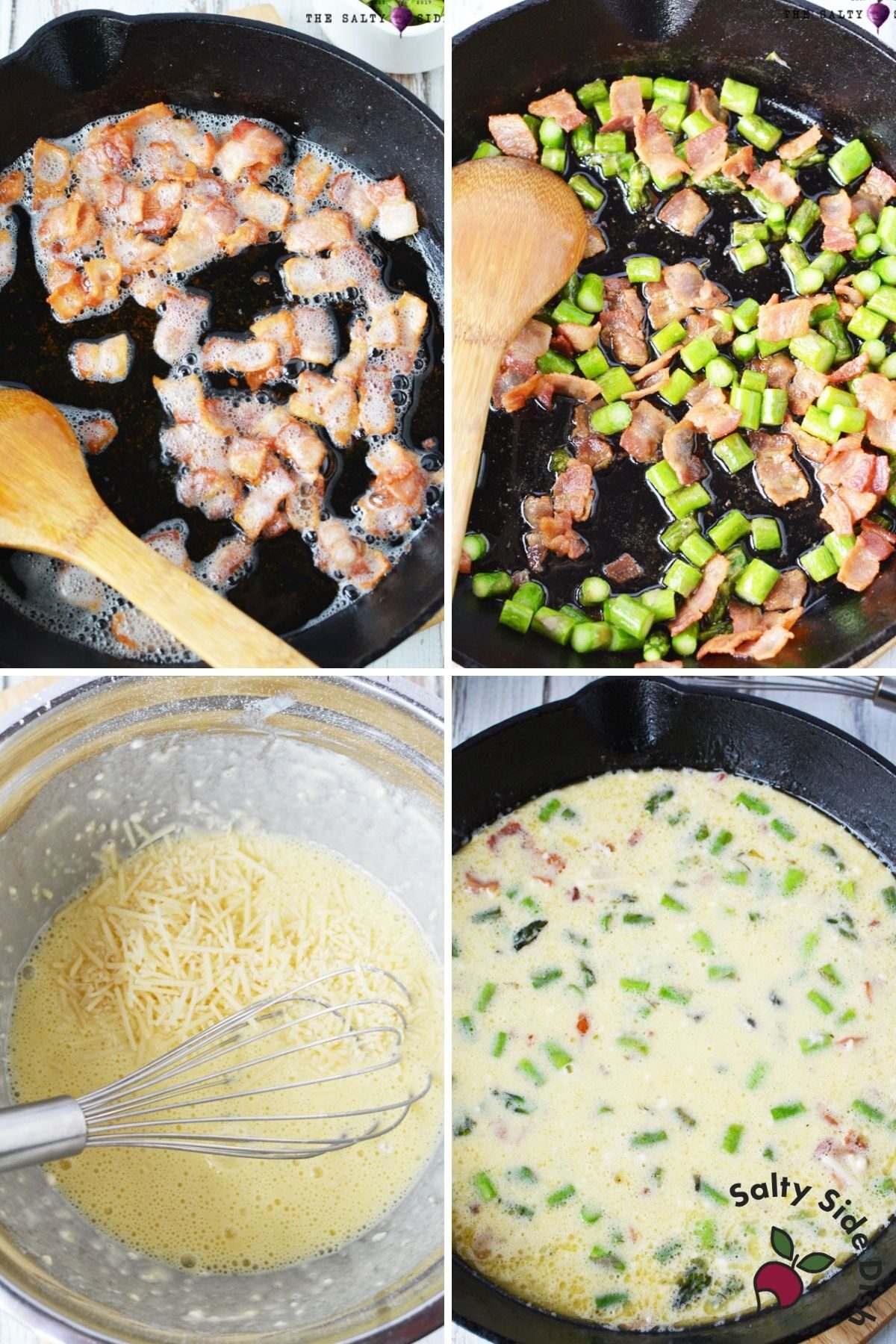 adding bacon, asparagus and egg mixture to a cast iron pan for quiche
