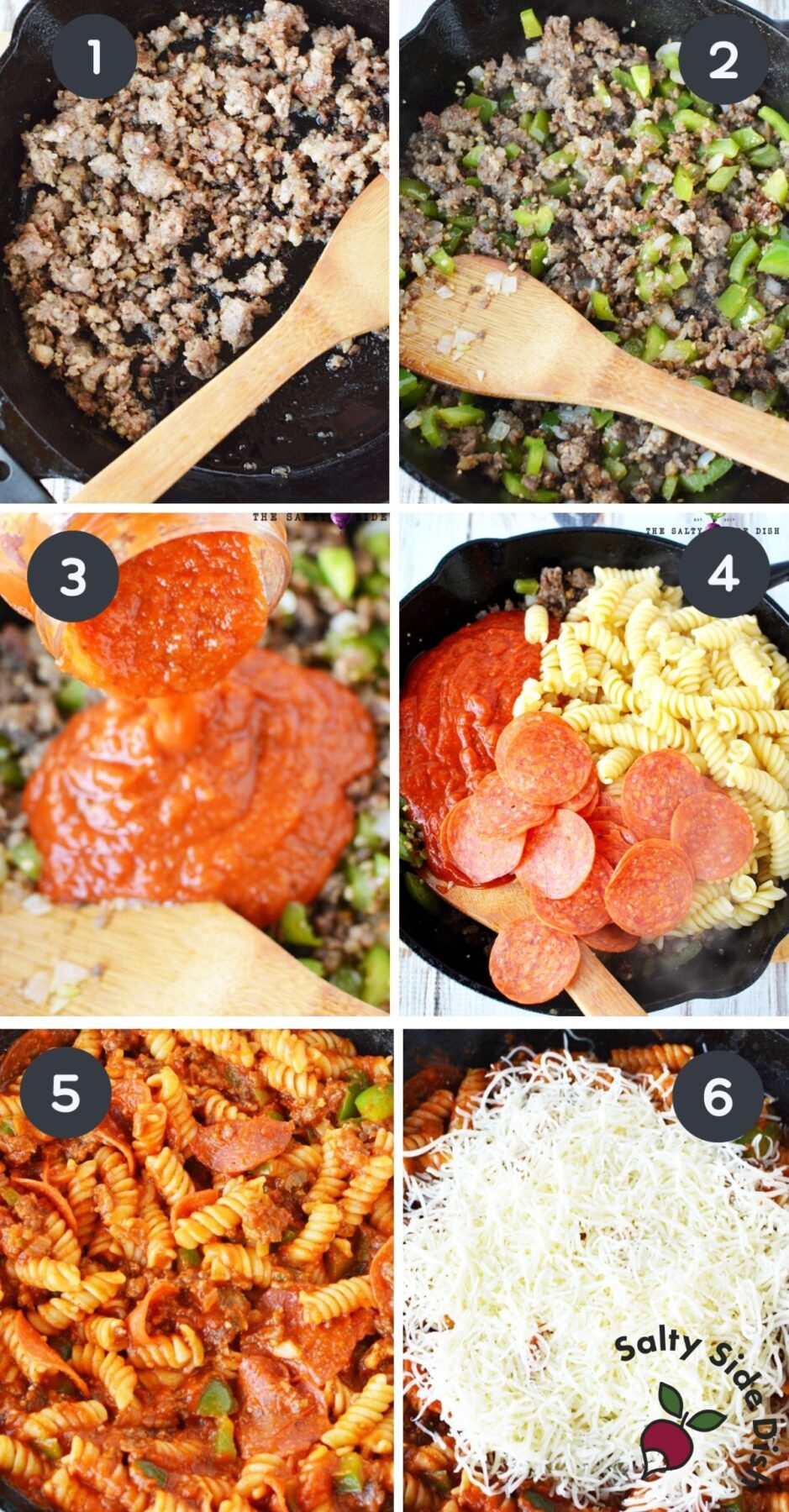 6 image collage of how to make pizza casserole.