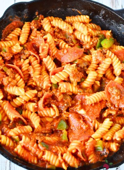 pizza casserole in a cast iron pan.