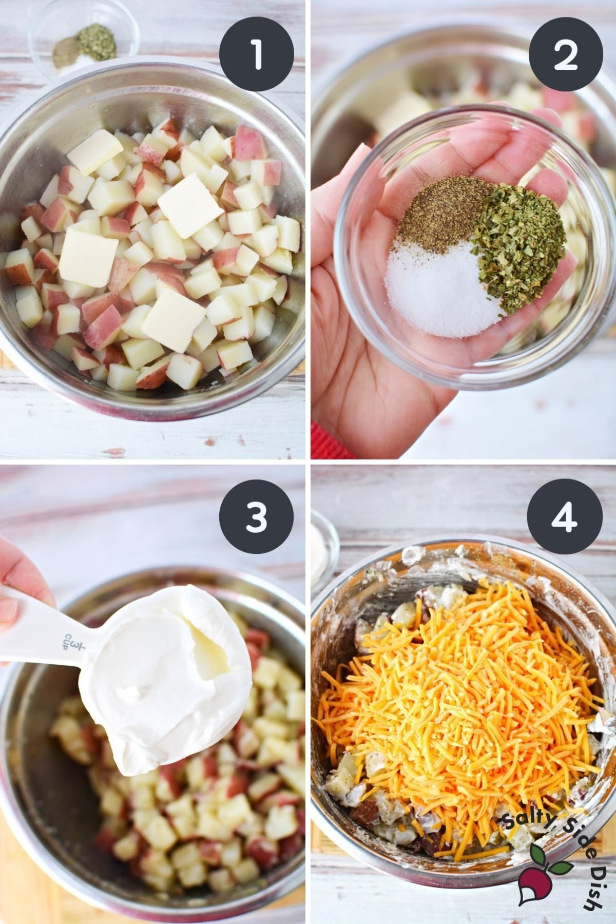 cheesy bacon potatoes in a collage image.