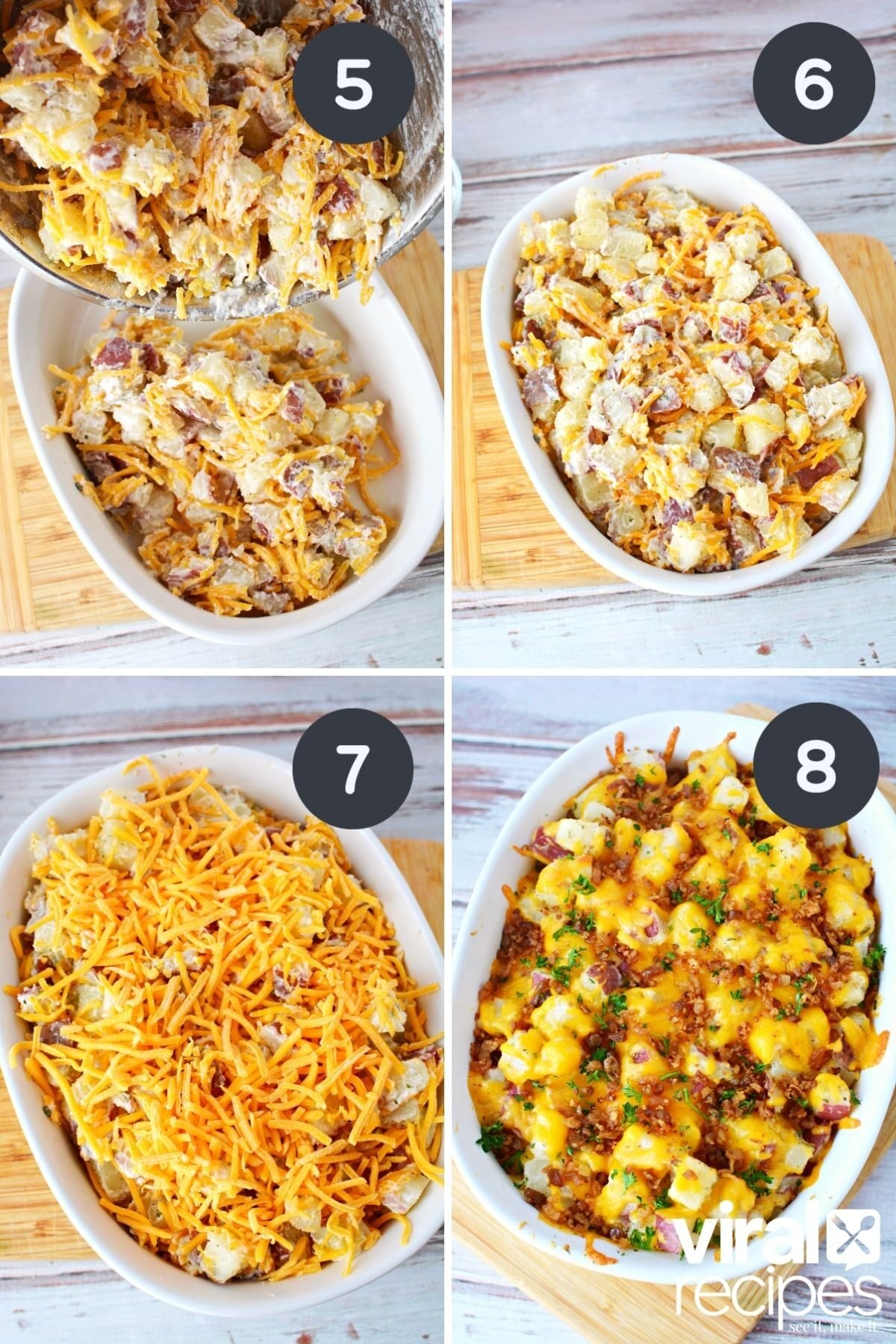 pouring potatoes with bacon and cheese into a casserole dish.