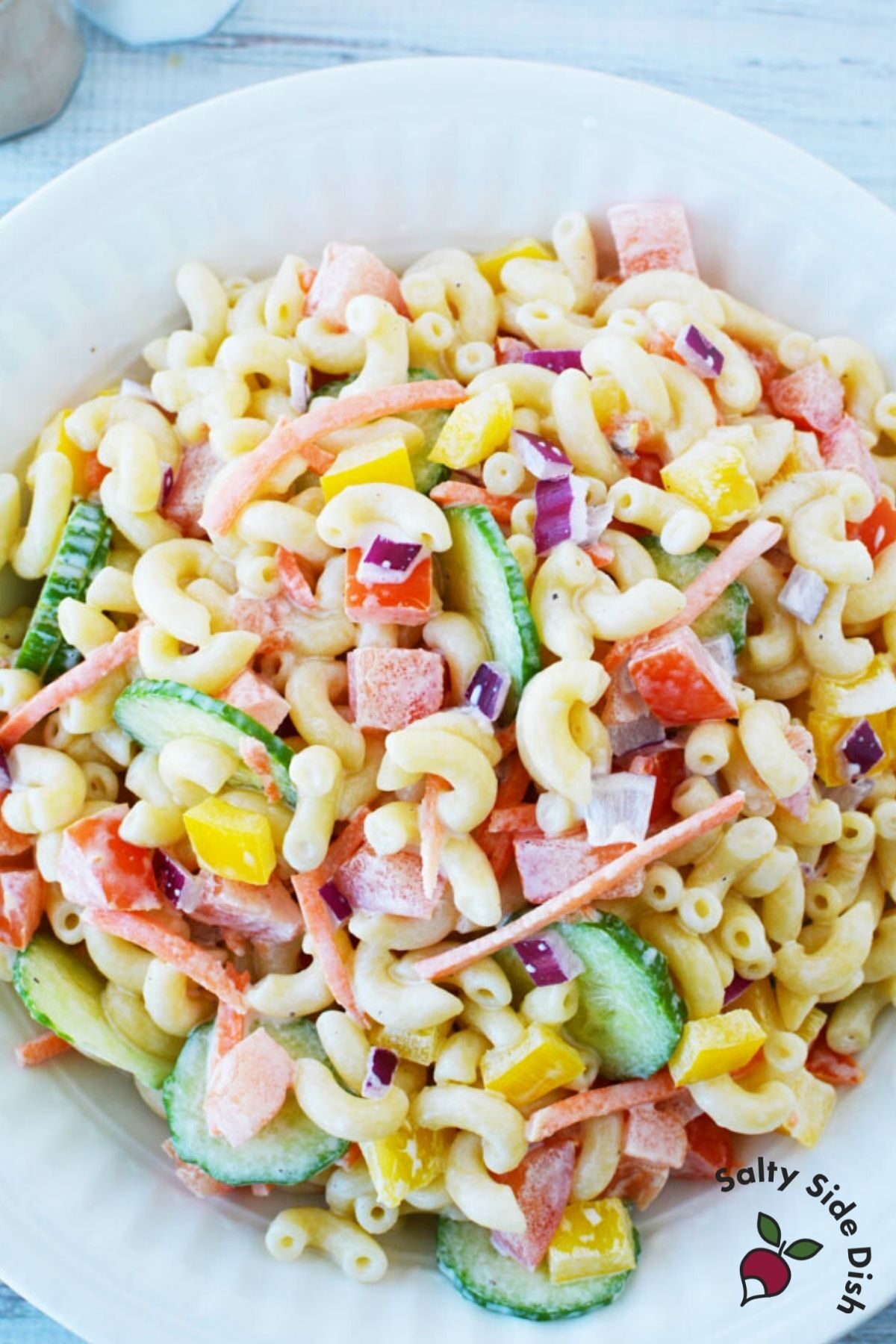 huge bowl of macaroni pasta salad.