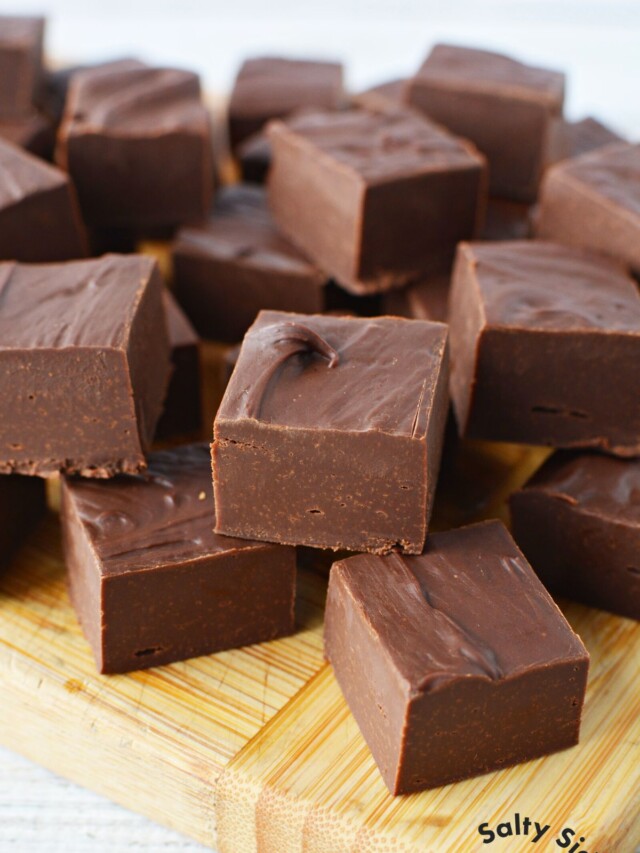 easy homemade fudge stacked in the kitchen.
