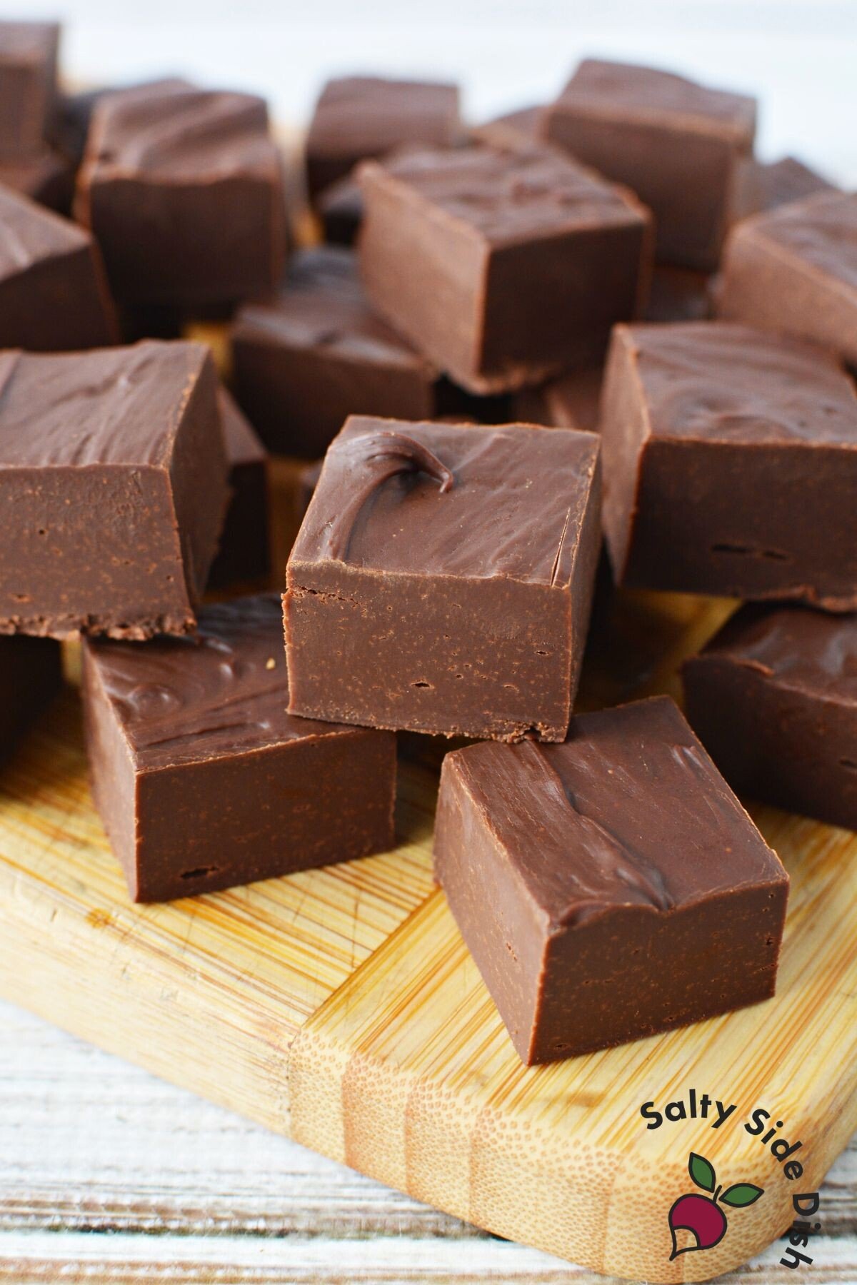 easy homemade fudge stacked in the kitchen.