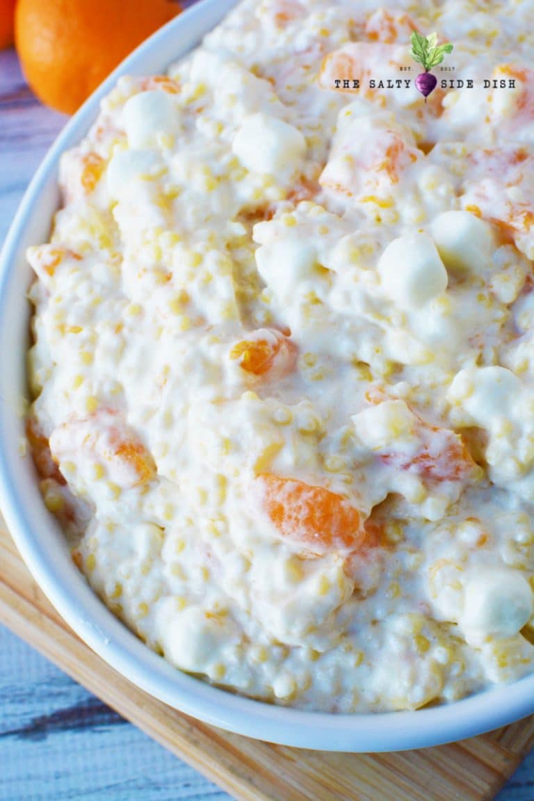 Frog Eye Salad made with Pudding and Acini Di Pepe Salty Side Dish