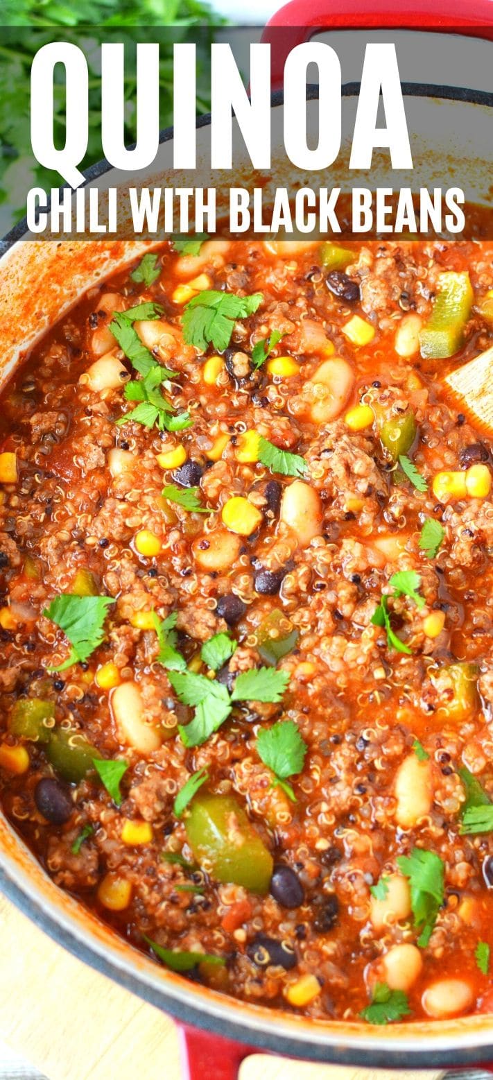 Quinoa Chili with Black Beans, thick hearty chili recipe filled with protein packed tri-color Quinoa and lots of delicious beans! #quinoa #vegetables #chili #chilirecipe #heartychili #quinoachili Quinoa Chili with Black Beans Pinterest Pin Best Recipe
