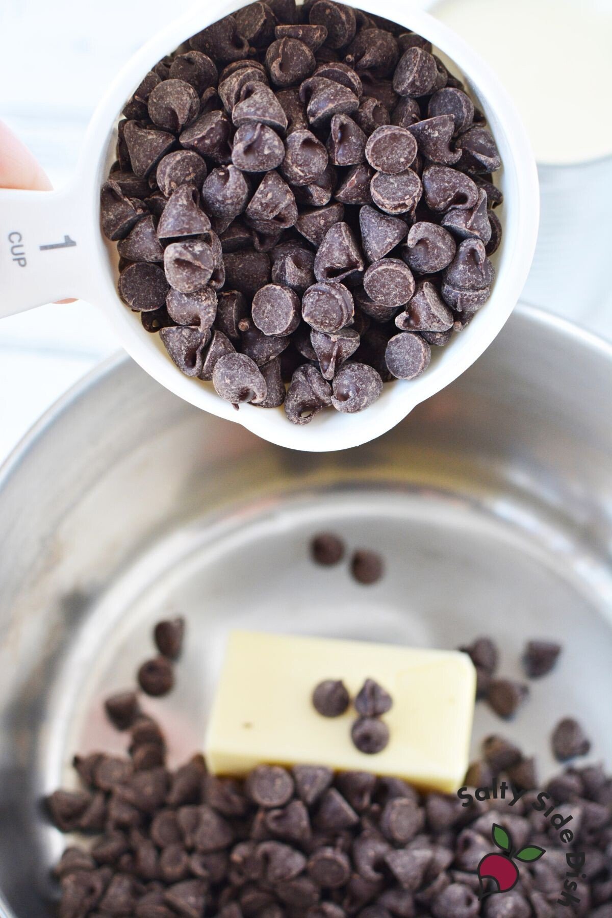 cup of semi-sweet chocolate chips in a cup.