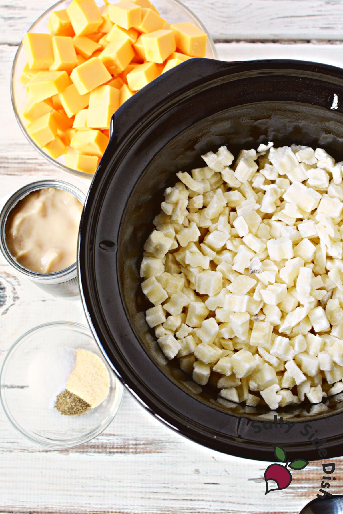 all ingredients needed for a cheesy potatoes recipe.