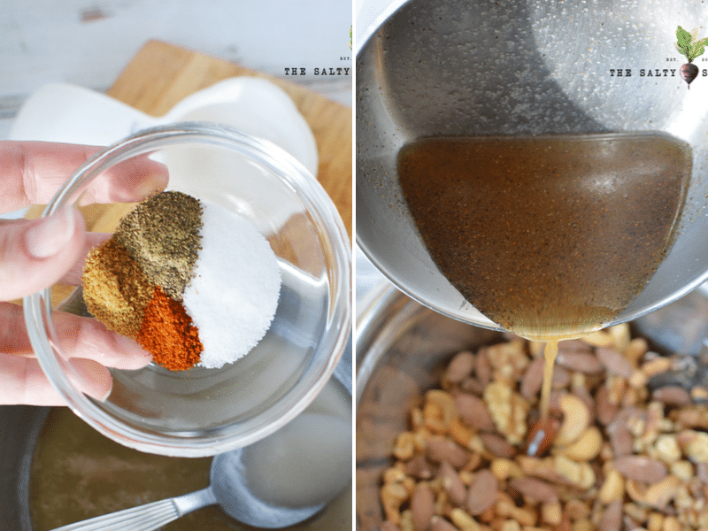 spices and syrup being added to nuts