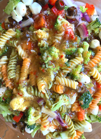 easy tri color pasta salad with italian dressing.
