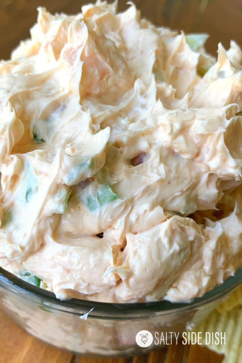 Shrimp and Cream Cheese Dip fluffed up and ready with 3 cups of dip for a party in a bowl