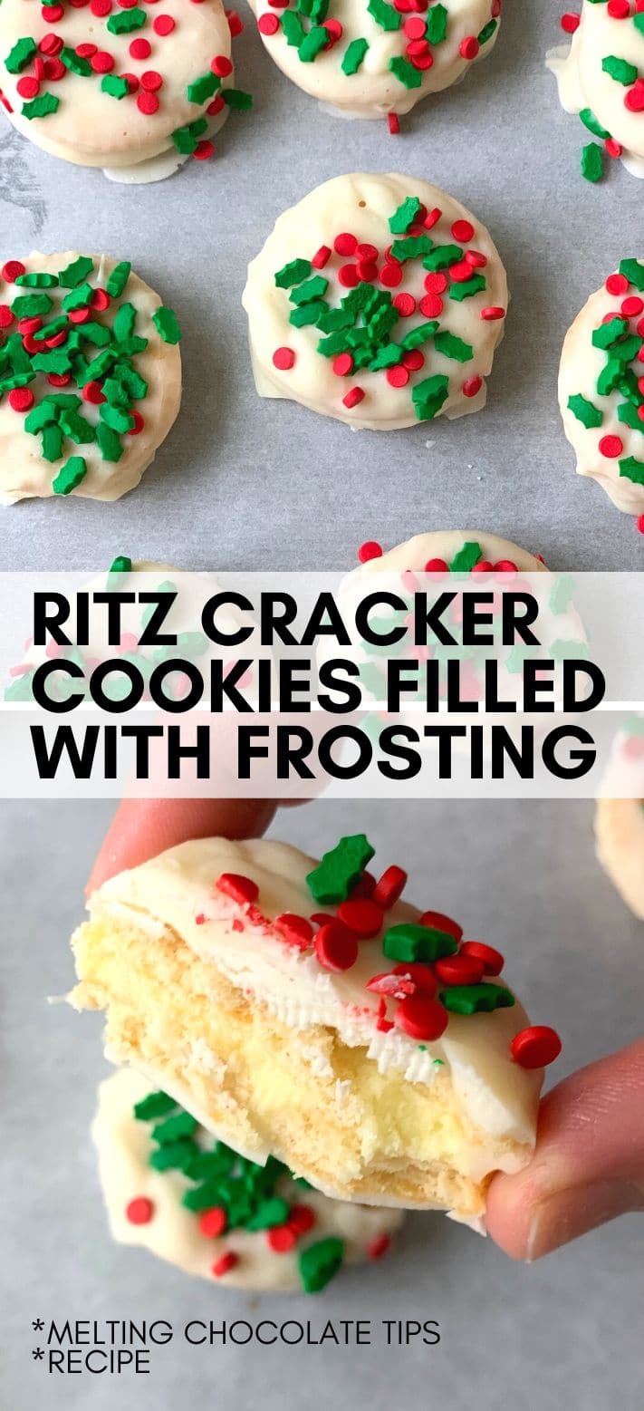 Ritz Cracker Cookies - Ritz cracker cookies filled with frosting and dipped in white chocolate, smothered with holiday sprinkles, is a delicious no bake and easy holiday dessert that everyone can have fun with. No need to bake up cookies to decorate when melting chocolates and Ritz crackers are the perfect combo. #ritz #ritzcrackers #ritzcookies #nobakecookies #holidaycookies #christmascookies #christmasdesserts Ritz Cracker Cookies - Ritz cracker cookies filled with frosting and dipped in white chocolate, smothered with holiday sprinkles, is a delicious no bake and easy holiday dessert that everyone can have fun with. No need to bake up cookies to decorate when melting chocolates and Ritz crackers are the perfect combo. #ritz #ritzcrackers #ritzcookies #nobakecookies #holidaycookies #christmascookies #christmasdesserts