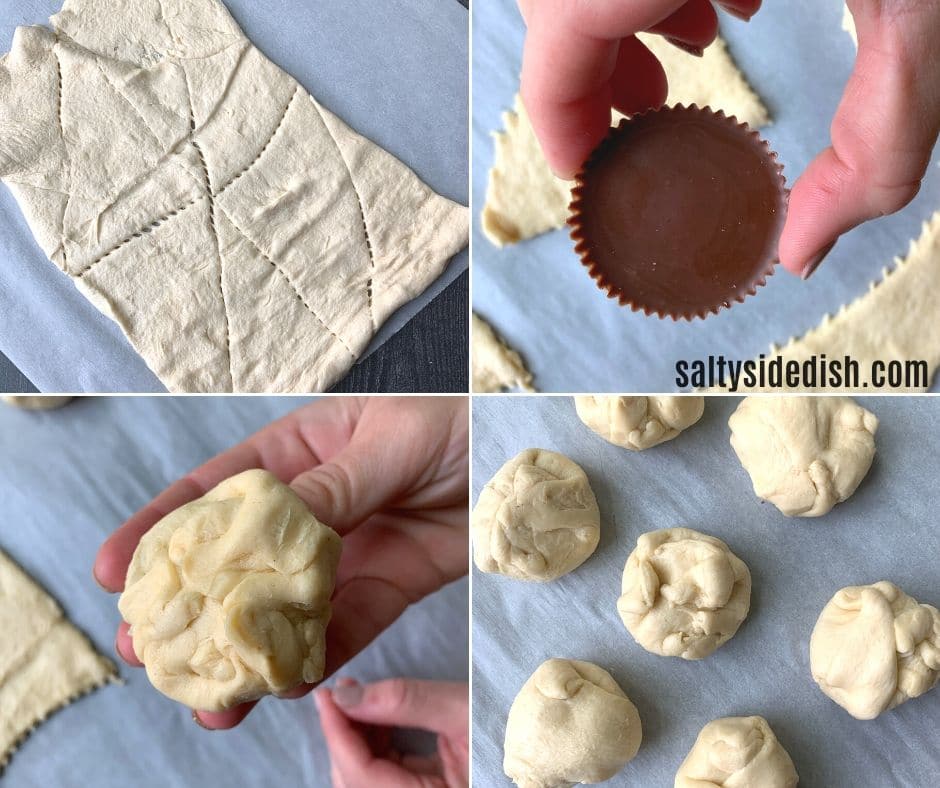 Ninja Foodi Air Fryer Beignets Stuffed with Oreo's or Reese's Peanut Butter Cups is a delicious fair style "fried Oreo" or "stuffed beignet" that is smothered with powdered sugar and done in only 8 minutes. #ninjafoodi #airfryer #friedoreos #reesespeanutbuttercups #saltysidedish #dessert #fairfood step by step instructions on how to use the air fryer to stuff store bought croissants with reeses or oreos to prep for an air fryer like the ninja foodi