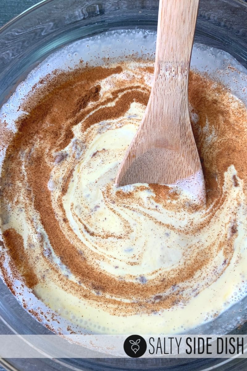 Mix your eggs and cinnamon mixture that pours over your bread pudding recipe