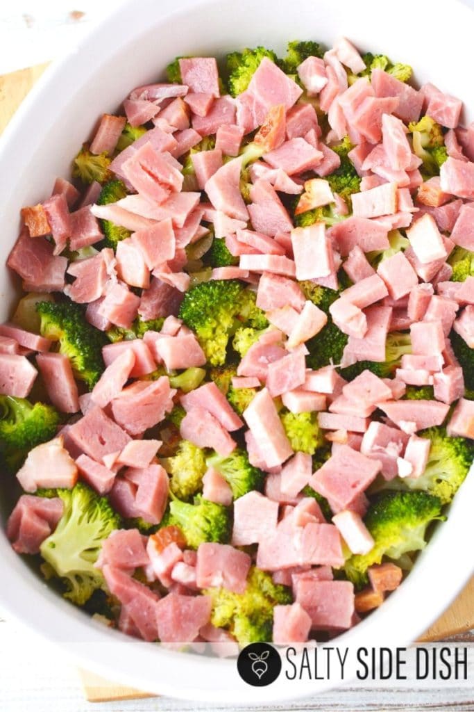 Layered Broccoli Ham Casserole Recipe with Gooey Cheese Salty Side Dish