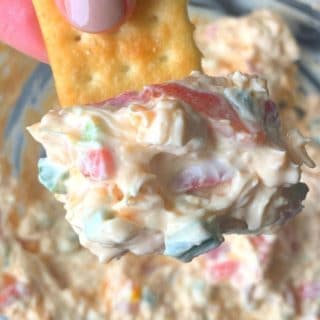 pimento cheese dip on a cracker