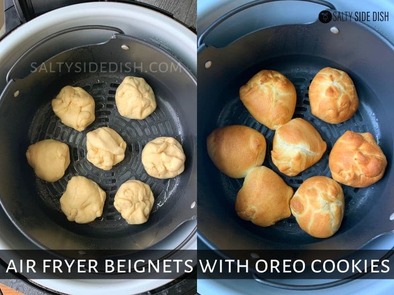 Ninja Foodi Air Fryer Beignets Stuffed with Oreo's or Reese's Peanut Butter Cups is a delicious fair style "fried Oreo" or "stuffed beignet" that is smothered with powdered sugar and done in only 8 minutes. #ninjafoodi #airfryer #friedoreos #reesespeanutbuttercups #saltysidedish #dessert #fairfood place all 8 filled croissants in air fryer that has been sprayed down with Pam and then put on 8 minutes