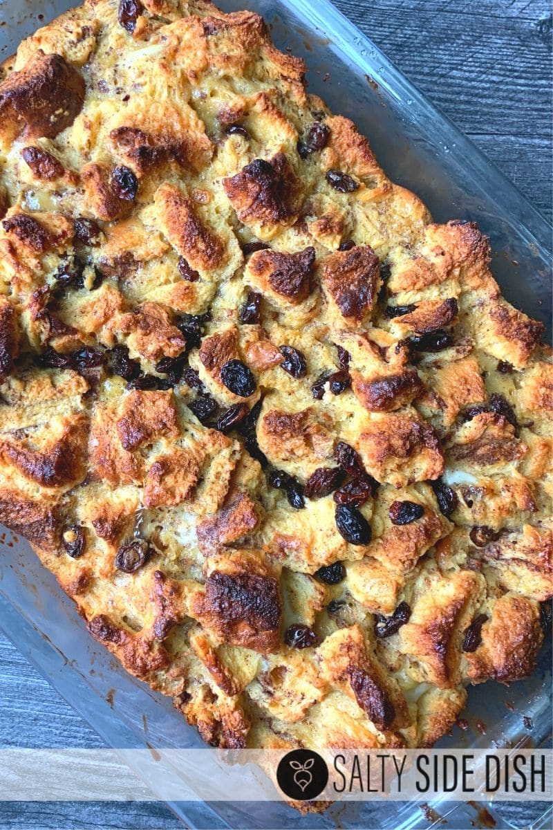 The tops of the bread are usually crispy and the middle is soft and delicious bread pudding sitting in a casserole dish