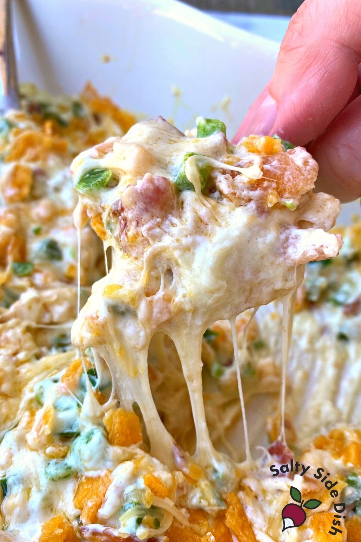 loaded dip on a tortilla chip.