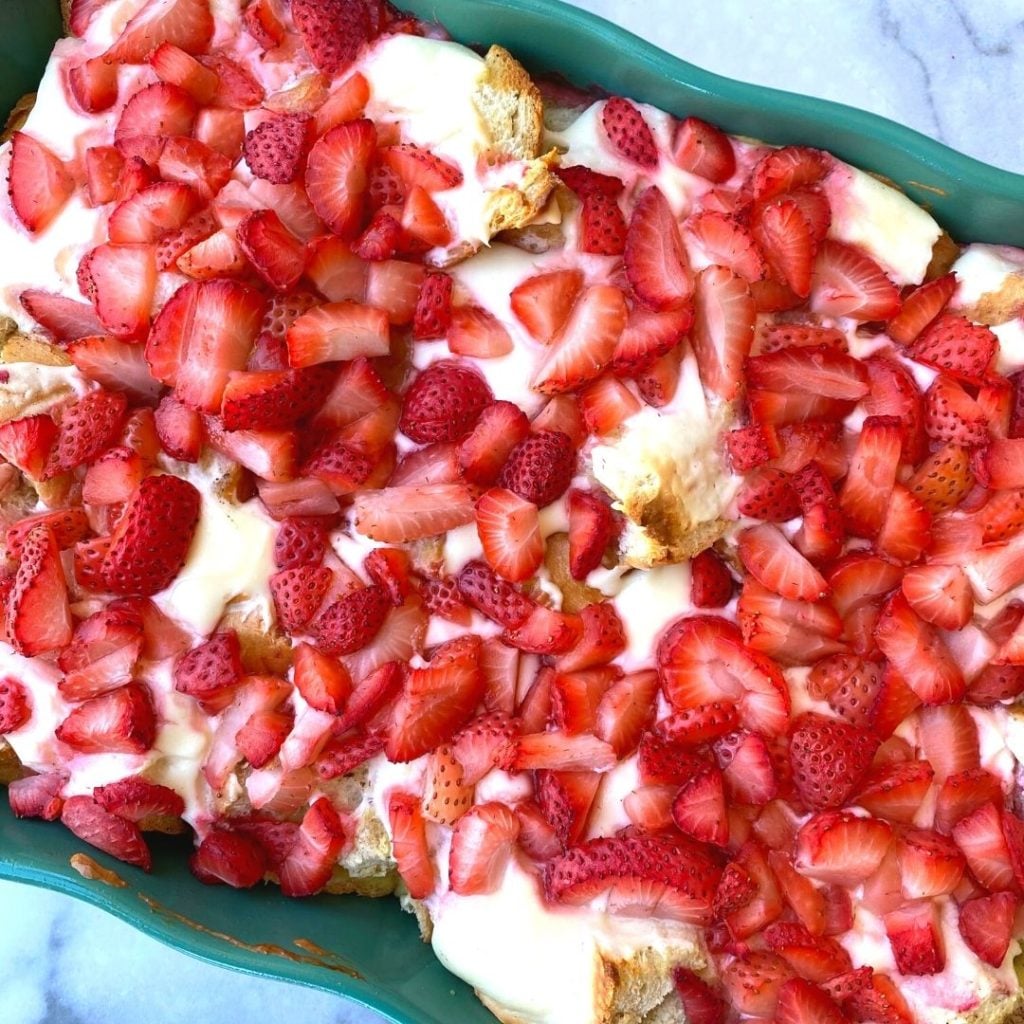strawberry and cream cheese breakfast casserole in a dish