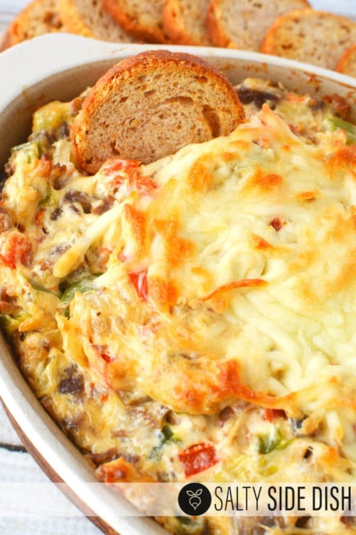 Loaded Oven Baked Philly Cheesesteak Dip Recipe with Diced Sirloin