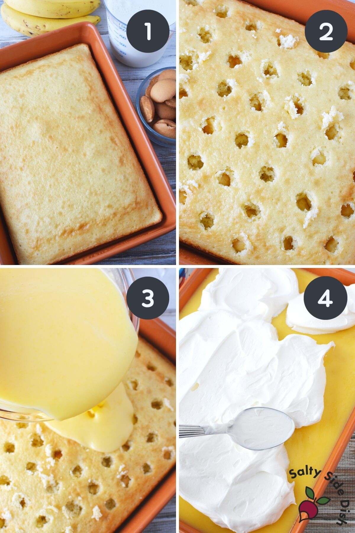 collage on how to make pudding poke cake.