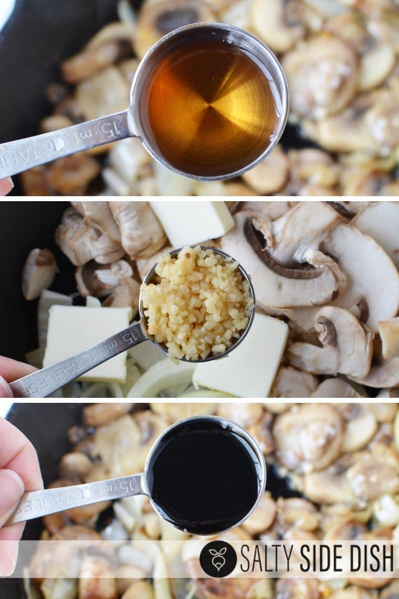 adding soy sauce, sherry, and minced garlic to onion and mushrooms