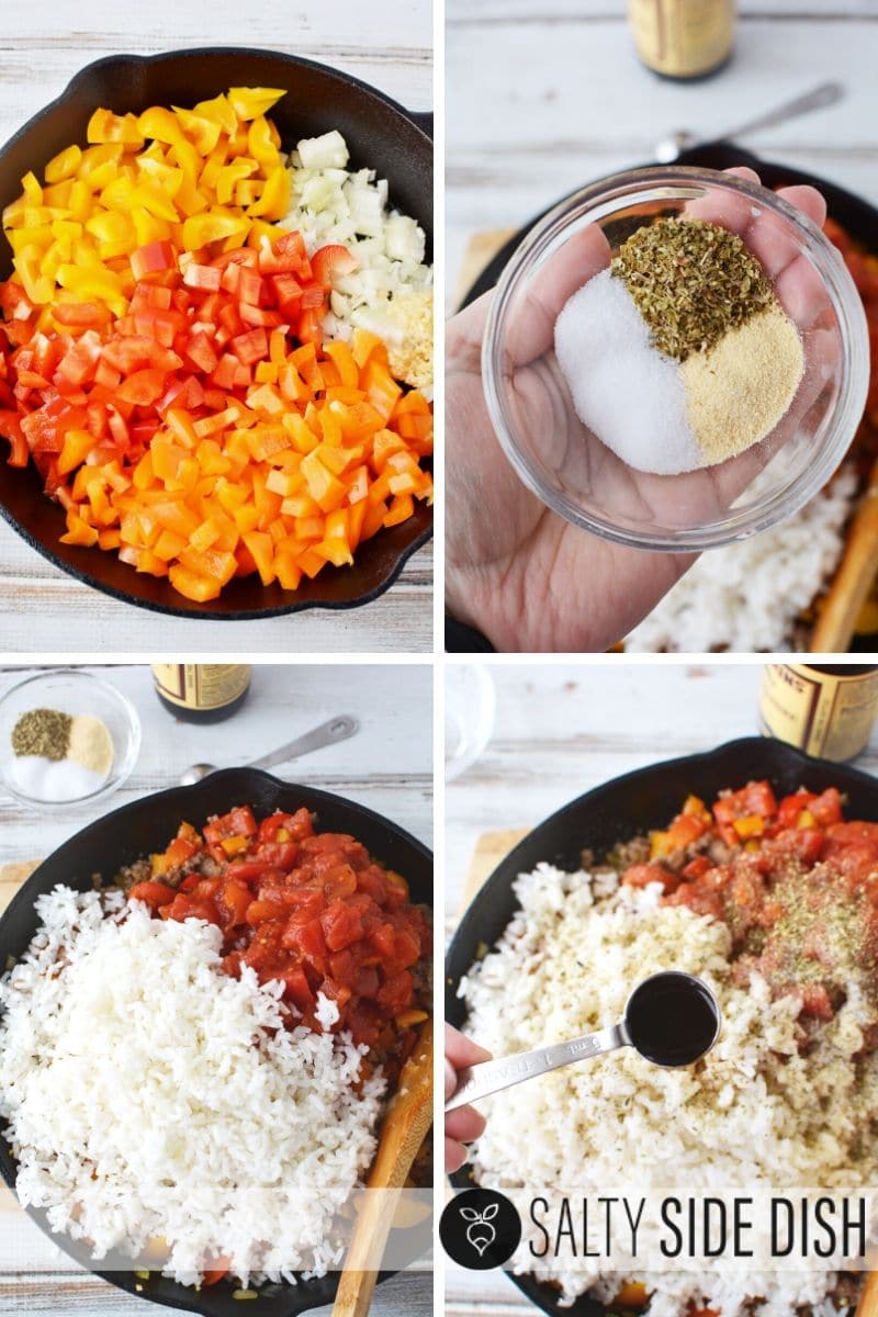 add seasonings, tomatoes, and rice to pour into your casserole dish