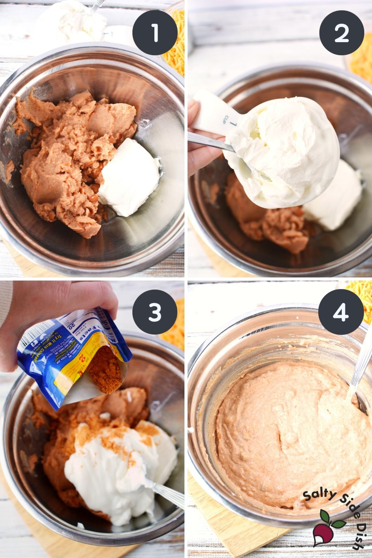 cream cheese bean dip with all ingredients being dumped into a bowl.