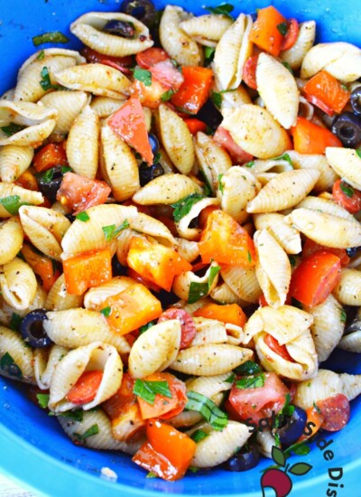 noodles and vegetables for a pasta salad.