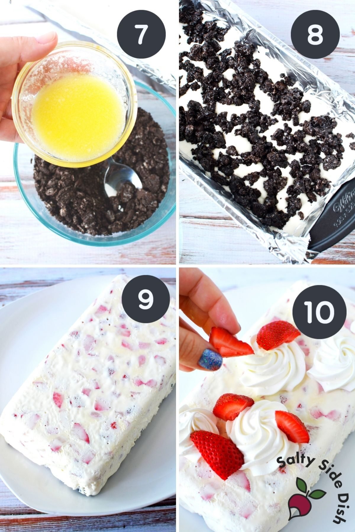 adding crushed oreos and topping to ice box cake.