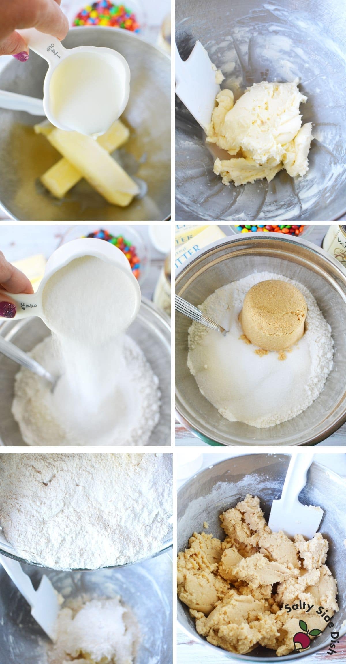 edible cookie dough ingredient being added to a bowl