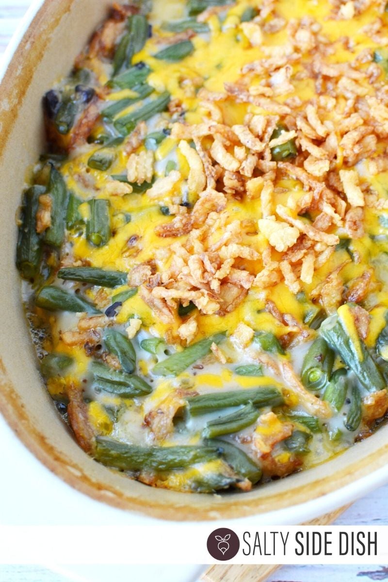 Fresh Green Bean Casserole made with 1 inch fresh steamed green beans for a delicious homemade casserole side dish Completed fresh green bean casserole with loads of fried onions
