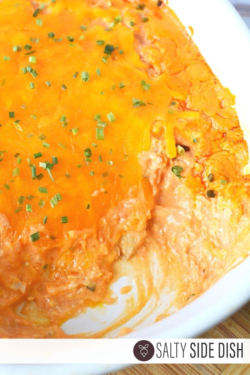 Creamy dipped Buffalo Chicken Ranch Dip in a dish