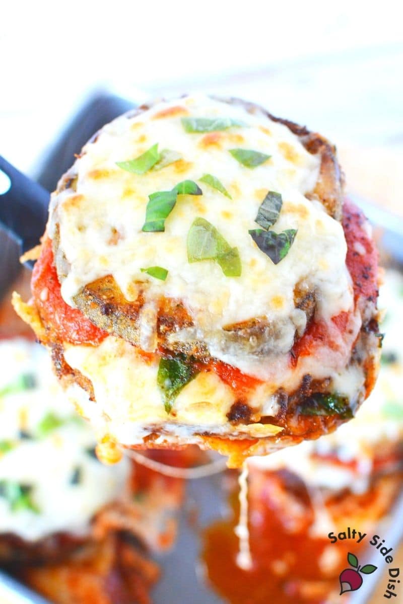 Layered Parmesan Eggplant casserole with Marinara Sauce and melty mozzarella cheese