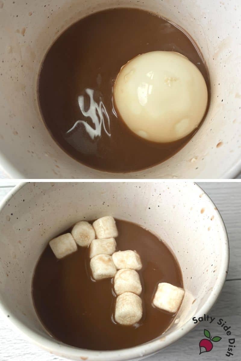 drop white chocolate cocoa bombs in a cup for a burst of marshmallows