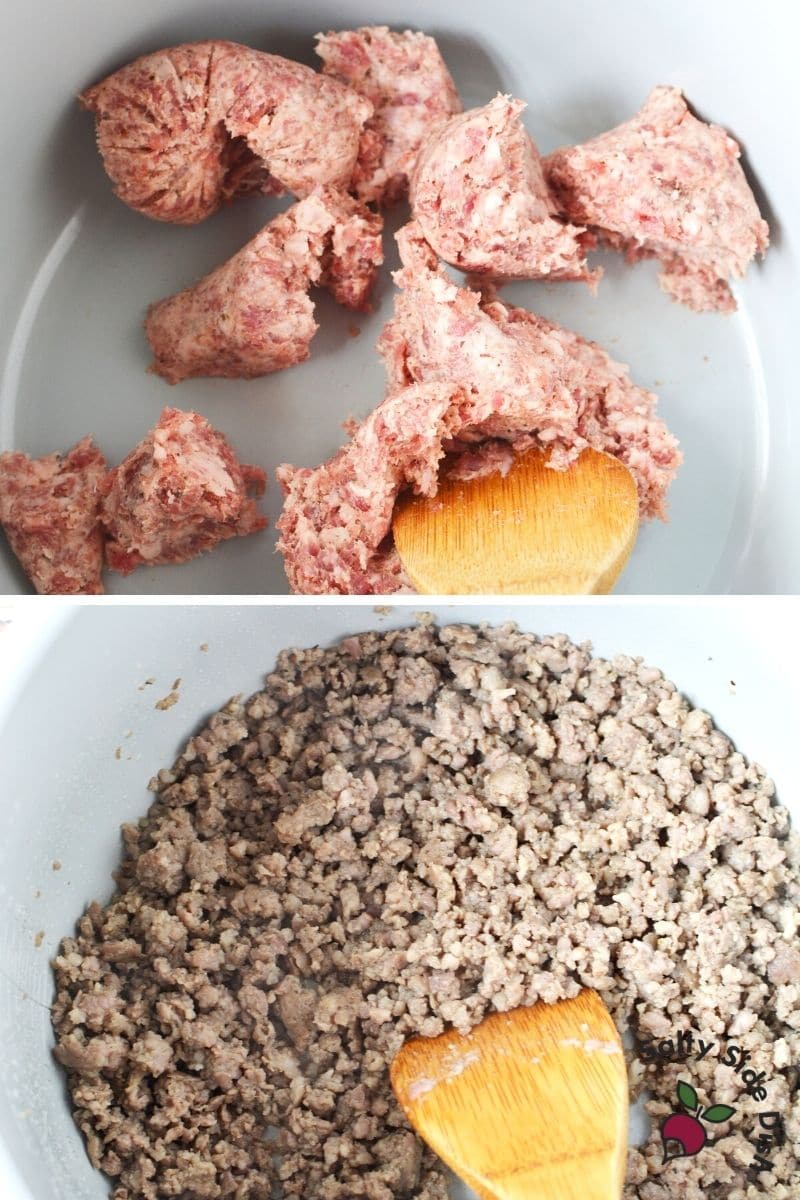 Breakfast Casserole in the Ninja Foodi Air Fryer cooking ground sausage into the ninja foodi